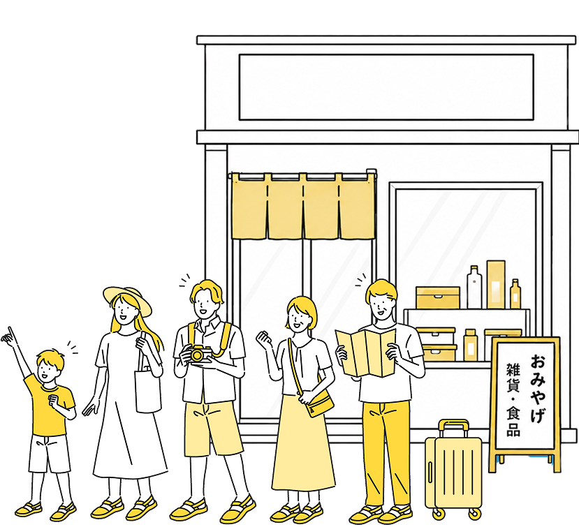 外国人観光客がお店の前を歩いているイラスト
